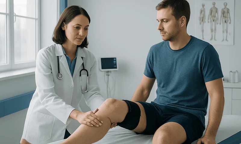 Doctor examining patient's knee in a medical consultation room.