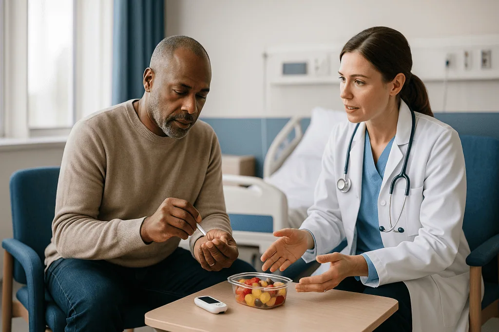 Doctor consulting patient about diet and health: How an autonomic neuropathy plan actually works when several specialists ar