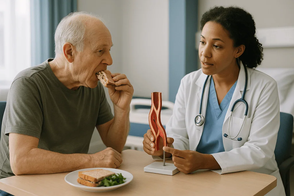 Doctor consulting elderly patient about diet and nutrition: How an endovascular repair works, and why the seal is everything
