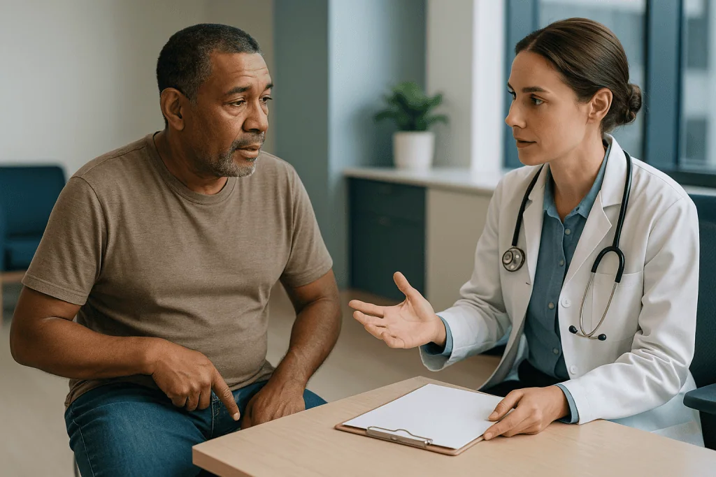 Doctor consulting with male patient in clinic office: How an erection actually happens, and where disease interrupts it