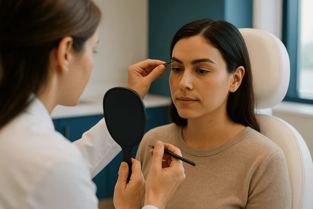 Healthcare professional examining patient's eyebrow area: How an eyebrow transplant actually works, step by step