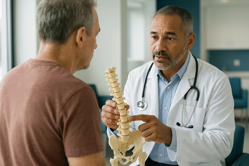 Doctor explaining spine model to male patient: How ankylosing spondylitis actually works inside the spine