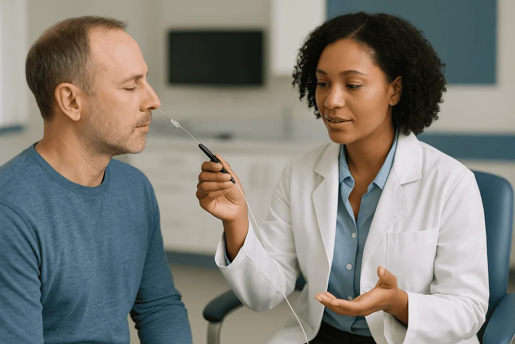 Doctor consulting patient with otoscope in clinic: How balloon sinus dilation works, step by step
