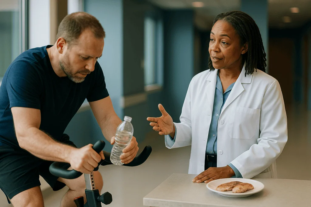 Doctor consulting patient on exercise bike about nutrition: How beta alanine works: carnosine, acid and the final minute