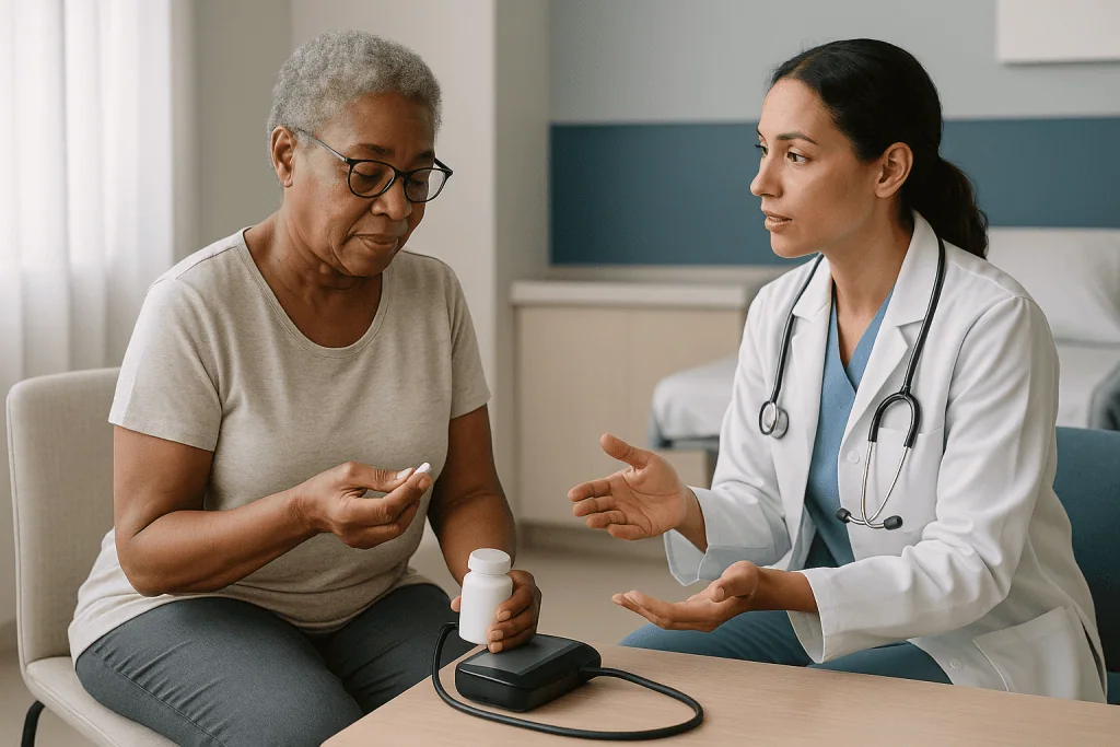 Doctor consulting with older patient about medication treatment: How blood pressure medicine actually lowers the number