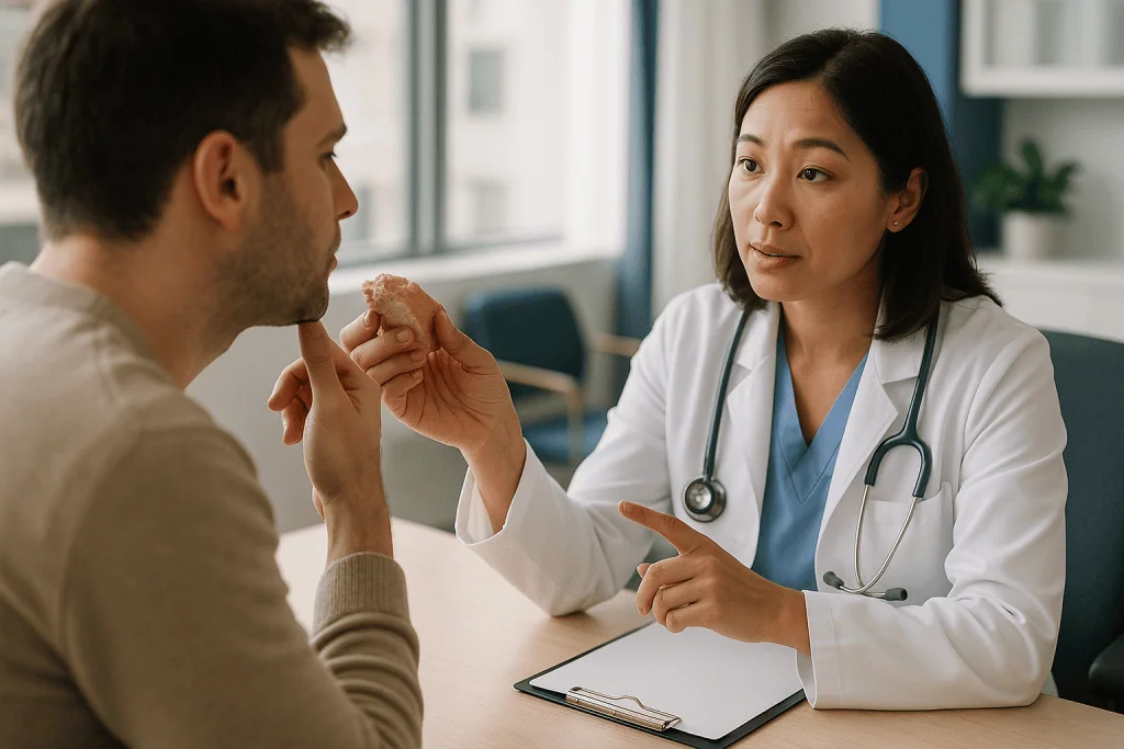 Doctor consulting patient about food or nutrition: How bone healing works after a chin osteotomy