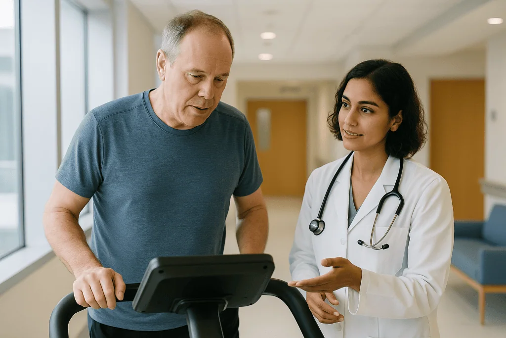 Doctor consulting patient on tablet in hospital corridor: How can I calculate my max heart rate?