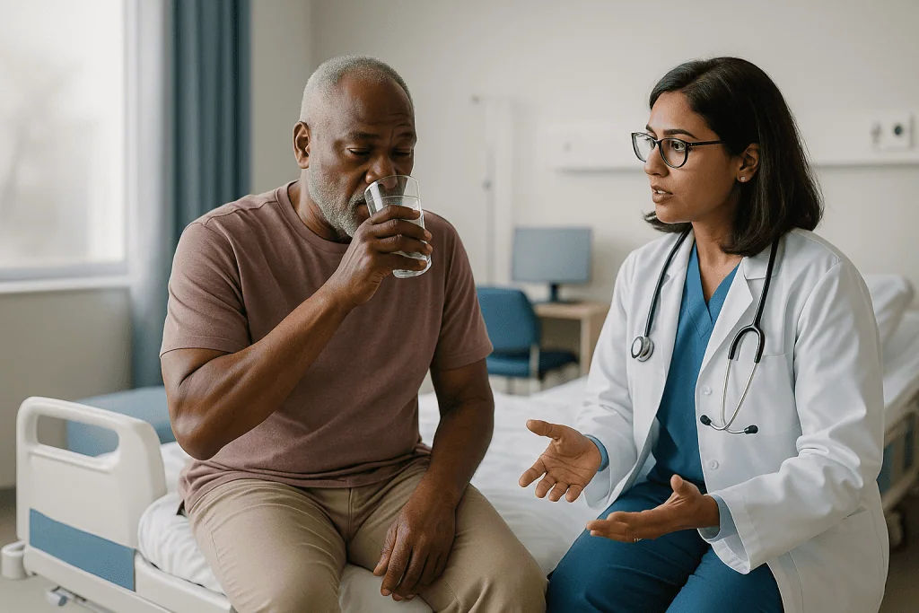 Doctor consulting with male patient in clinical setting: How cardiologists decide the next step: the warning signals they tr