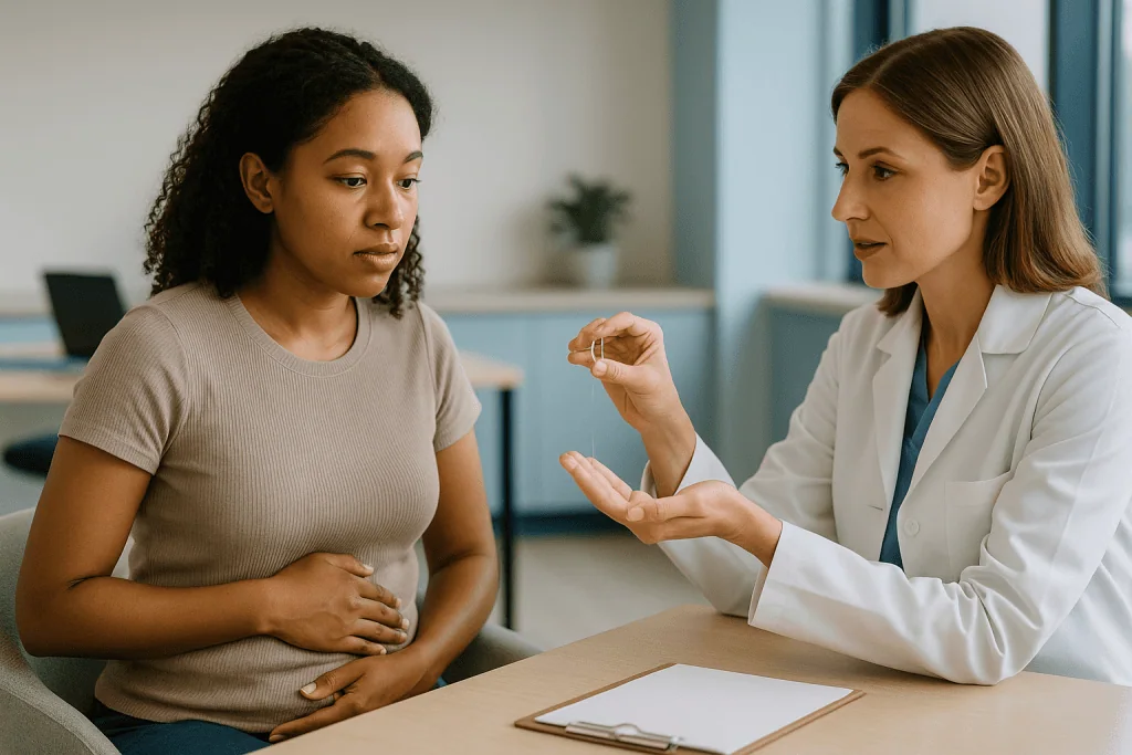 Doctor consulting pregnant patient about fertility and ovulation: How cervical mucus changes across the cycle