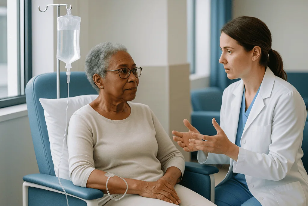 Doctor consulting senior patient with IV drip in clinical setting: How checkpoint inhibitors work, and why the clock starts 