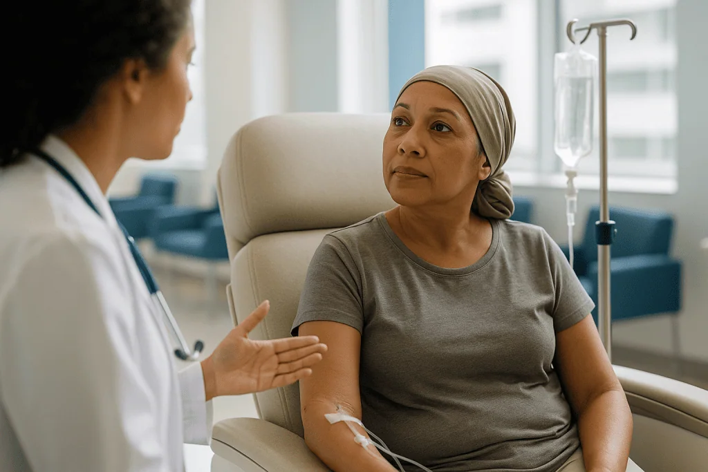 Doctor consulting with patient receiving IV treatment: How chemoradiation for cervical cancer works, week by week
