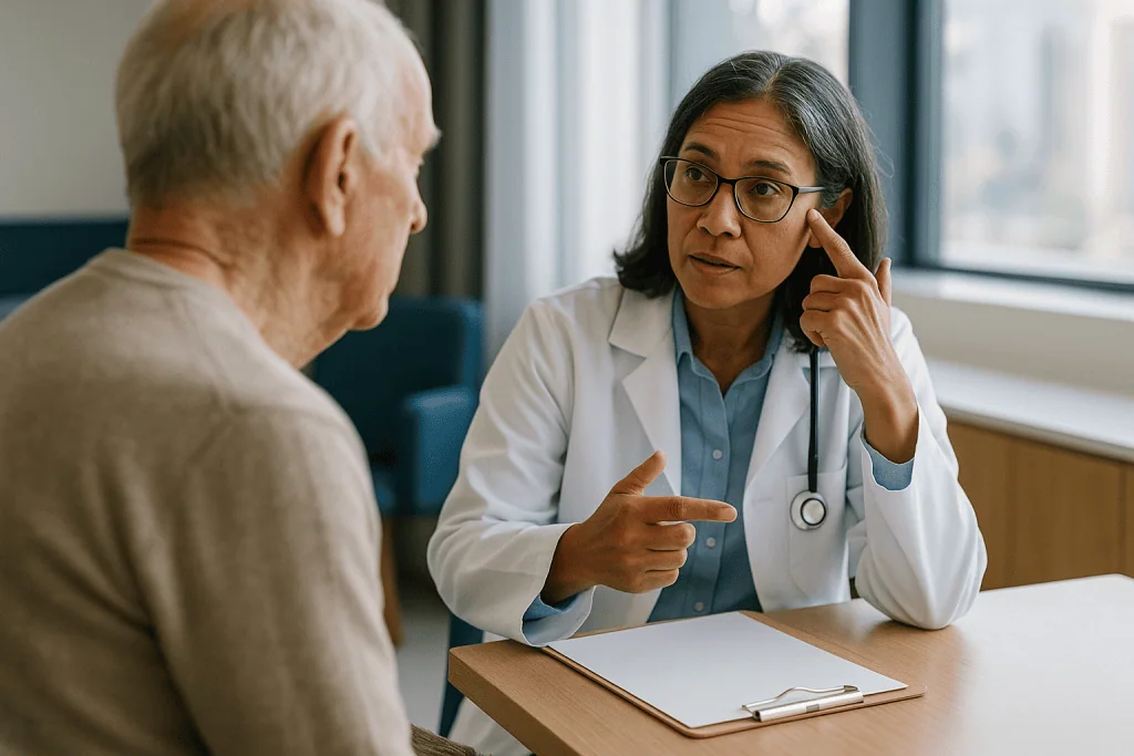 Doctor consulting with elderly male patient in office: How chronic pain actually works: what happens in the nervous system