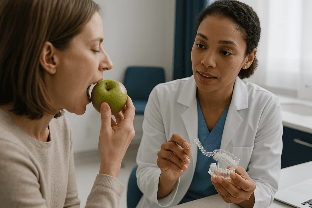 Orthodontist showing clear aligner tray to patient with apple: How clear aligners actually move teeth