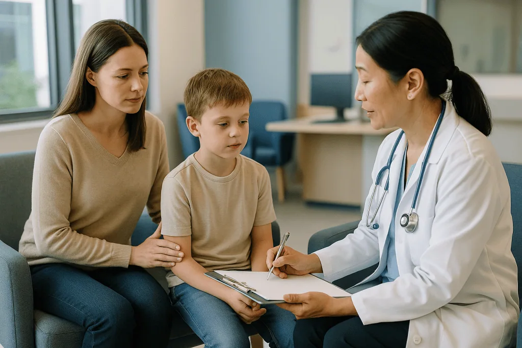 Doctor consulting with mother and young boy in clinic: How common is bedwetting at each age?
