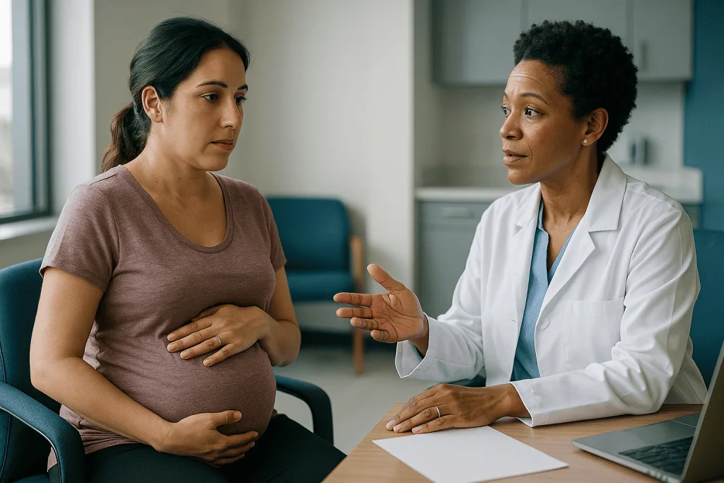 Pregnant woman consulting with female doctor in office: How common is hyperthyroidism in pregnancy?