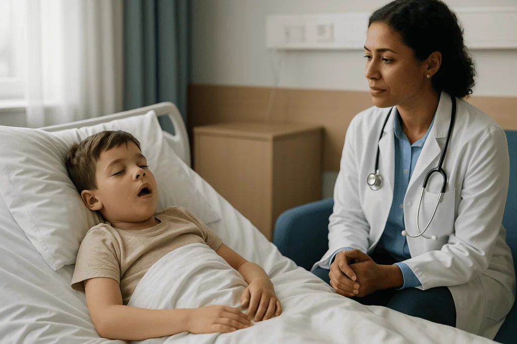 Doctor examining sleeping child in hospital bed: How common is snoring in children, and when does it stop being harmless?