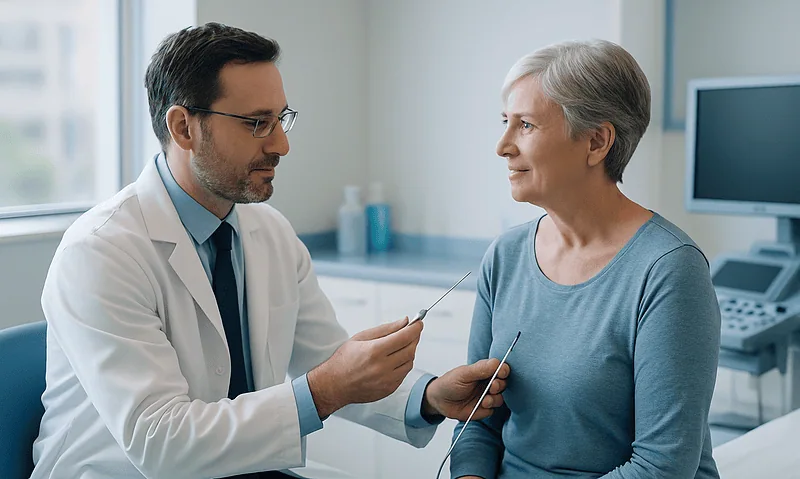 Doctor consulting with an elderly woman in a medical office.