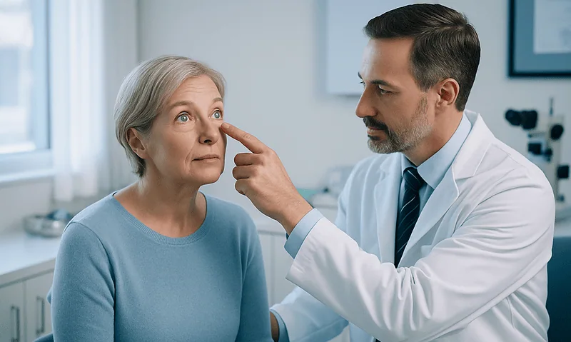 Ophthalmologist examining an elderly woman's eye in a clinic setting.