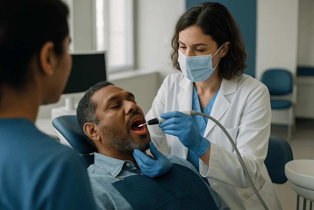 Dentist examining patient's mouth with intraoral camera: How dental lasers actually work on teeth and gums