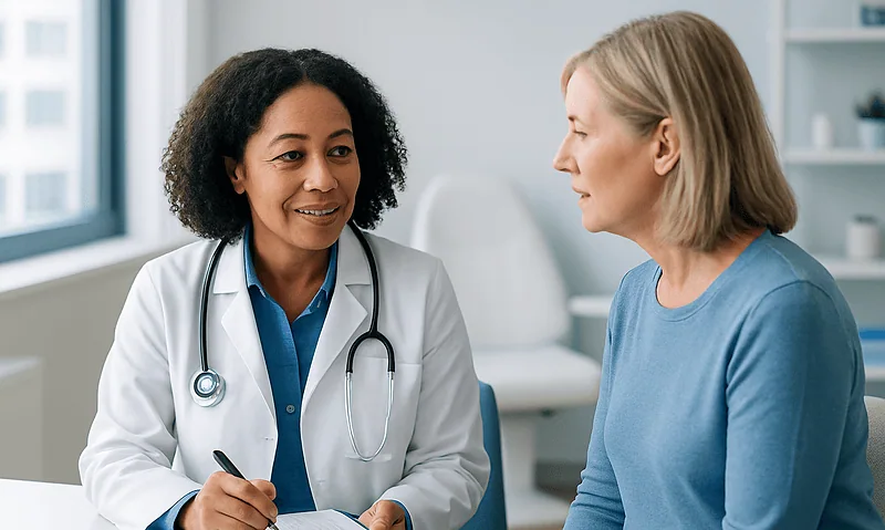 Female doctor consulting with a patient in a medical office.