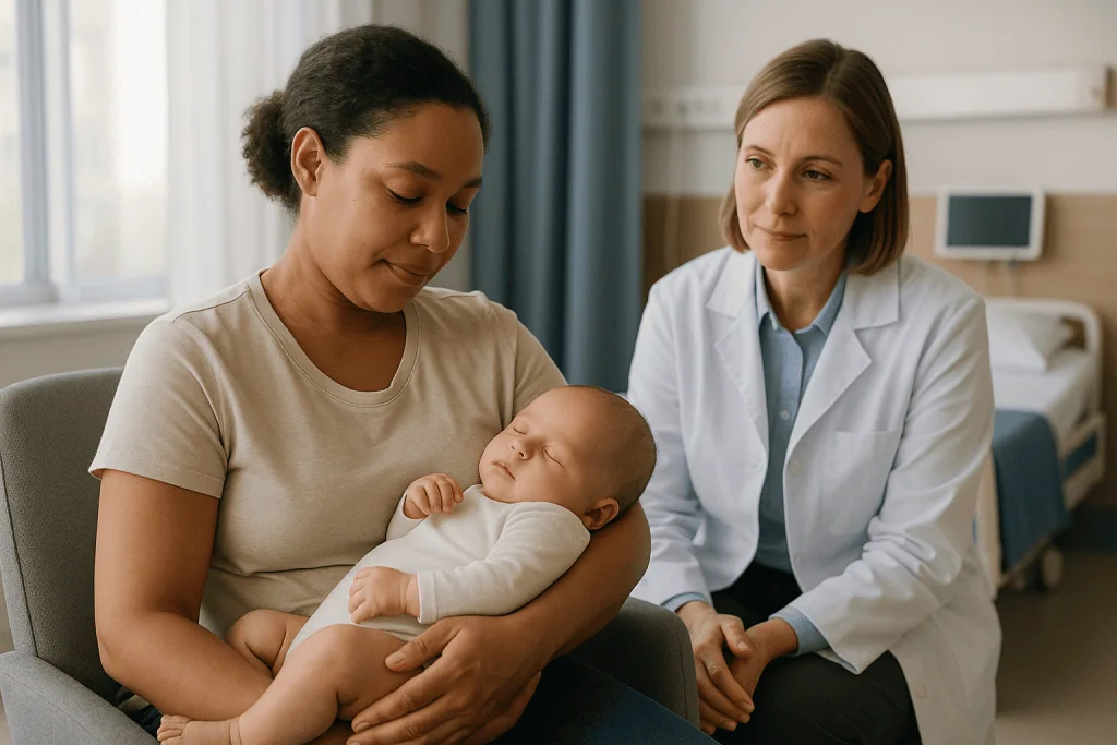 Mother holding newborn baby during pediatric consultation: How do babies typically sleep in the first months?