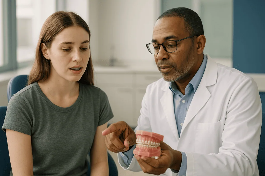 Dentist explaining dental model to female patient: How do braces move teeth through solid bone?