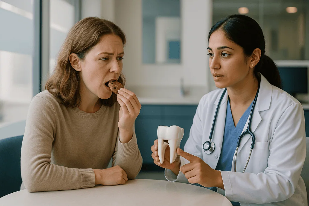 Dentist consulting adult patient about tooth decay model: How do cavities form, stage by stage?