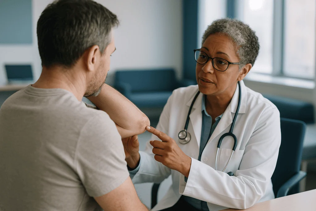 Doctor examining patient's skin condition on arm: How do dermatologists confirm psoriasis before choosing a plan?