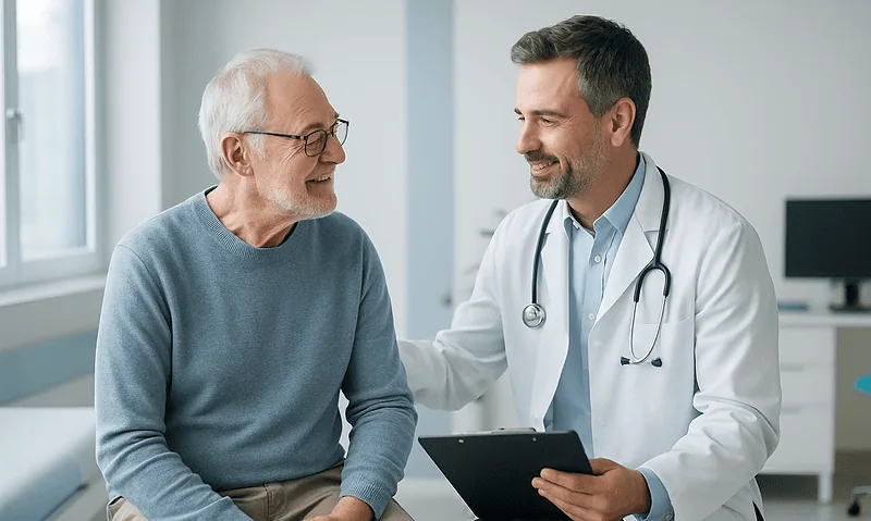 Doctor consulting with elderly patient in a medical office.