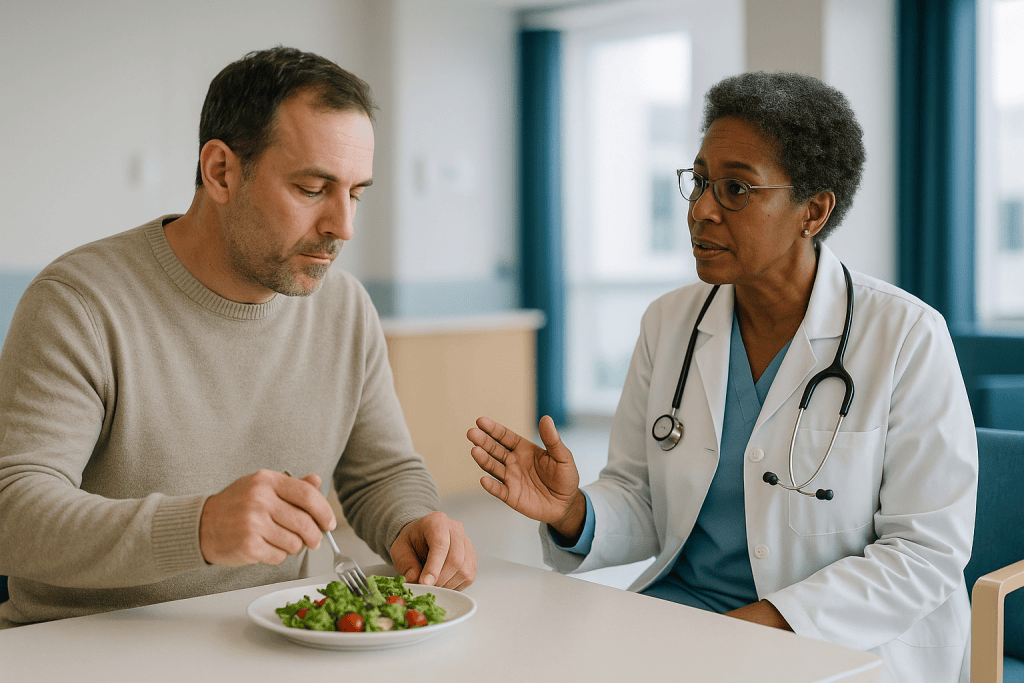 Doctor consulting patient about healthy salad diet: How do GLP-1 agonists work in the gut after a meal?