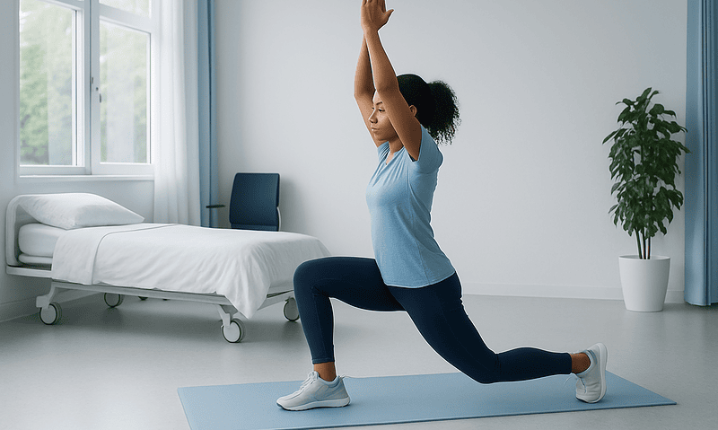 Young woman performing yoga in a bright, modern room with a hospital bed nearby.