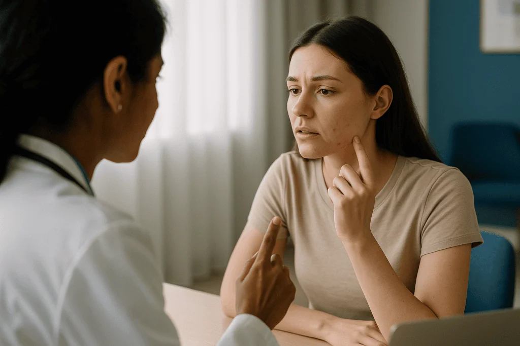 Two women in consultation, one appears to be healthcare provider: How do I tell if my acne is hormonal? The jawline pattern