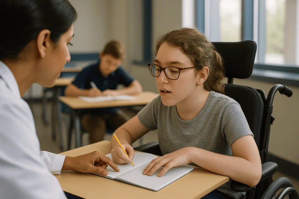 Student with teacher or tutor in classroom setting: How do school routines fit into a cerebral palsy therapy plan?