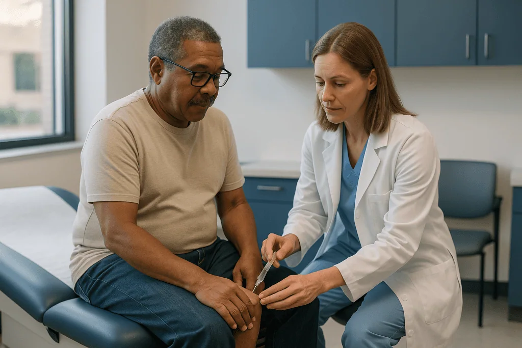 Doctor examining patient's knee or leg during consultation: How do steroid joint injections actually work?