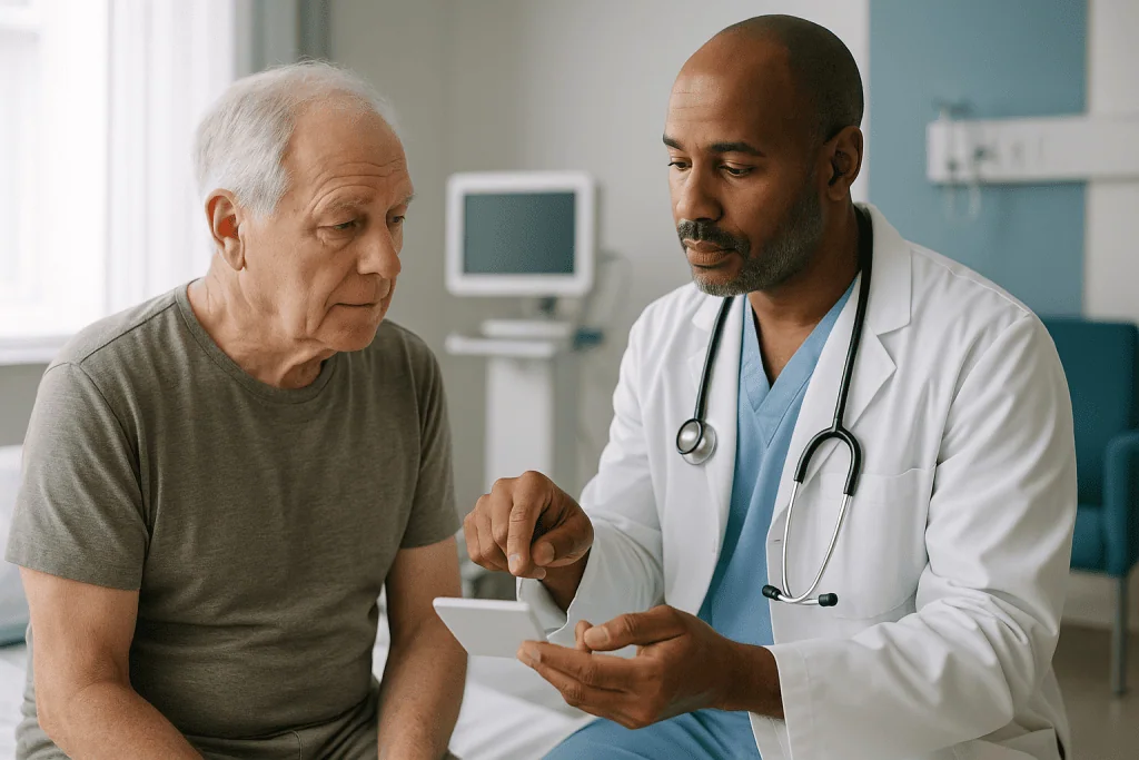 Doctor consulting senior male patient with tablet: How do the main kidney stone procedures work?