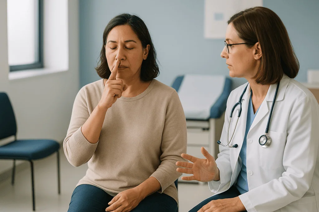 Doctor consulting with patient in clinical setting: How do you do a physiological sigh step by step?