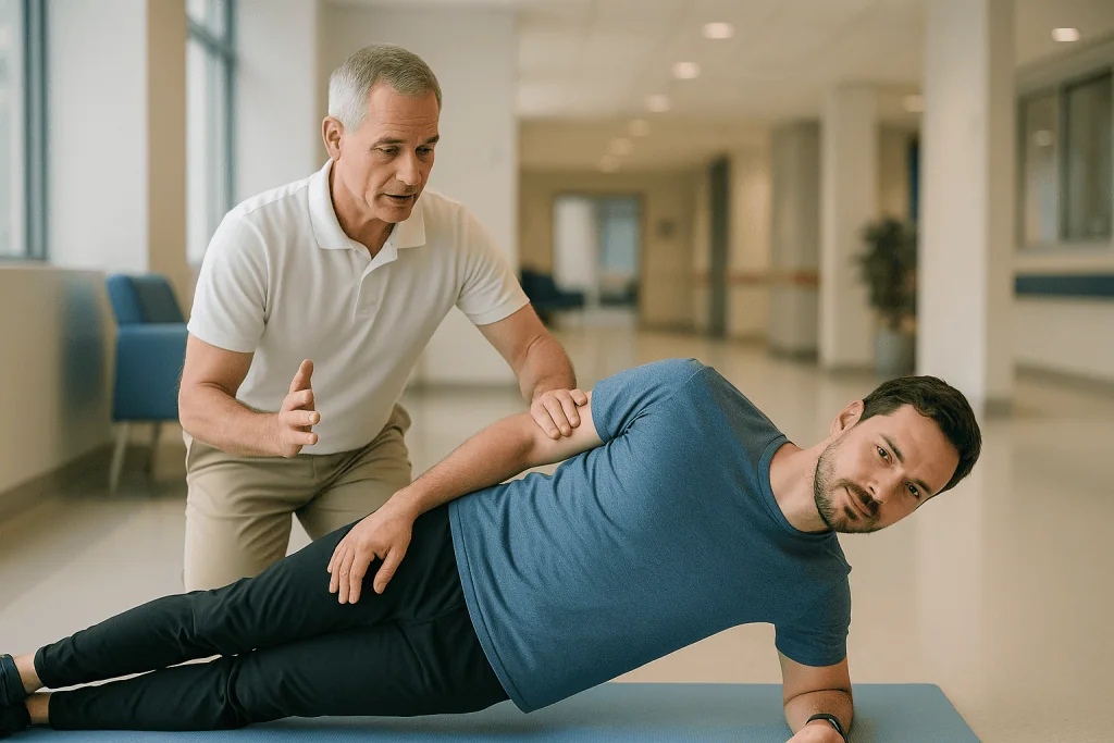 Physical therapist instructing patient on side plank exercise: How do you do the side plank (side bridge) correctly?