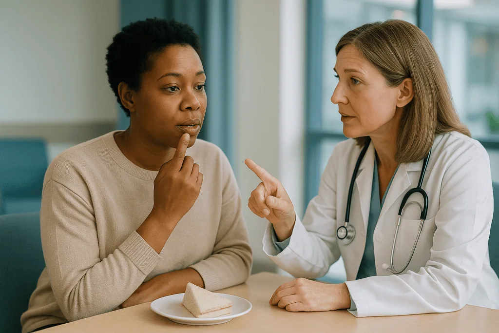 Doctor consulting patient about health concern: How do you get cold sores? The usual routes of a first infection