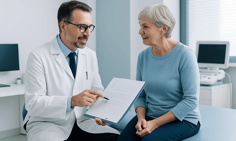 How Do You Read a Urodynamic Report? Capacity, Pressure-Flow Curves and Leak Points Explained 4 Urologist discussing urodynamic report with elderly female patient in clinic.