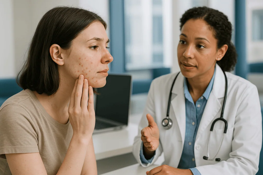 Female patient consulting dermatologist about facial skin condition: How do you tell if acne is fungal? The key fungal acne 