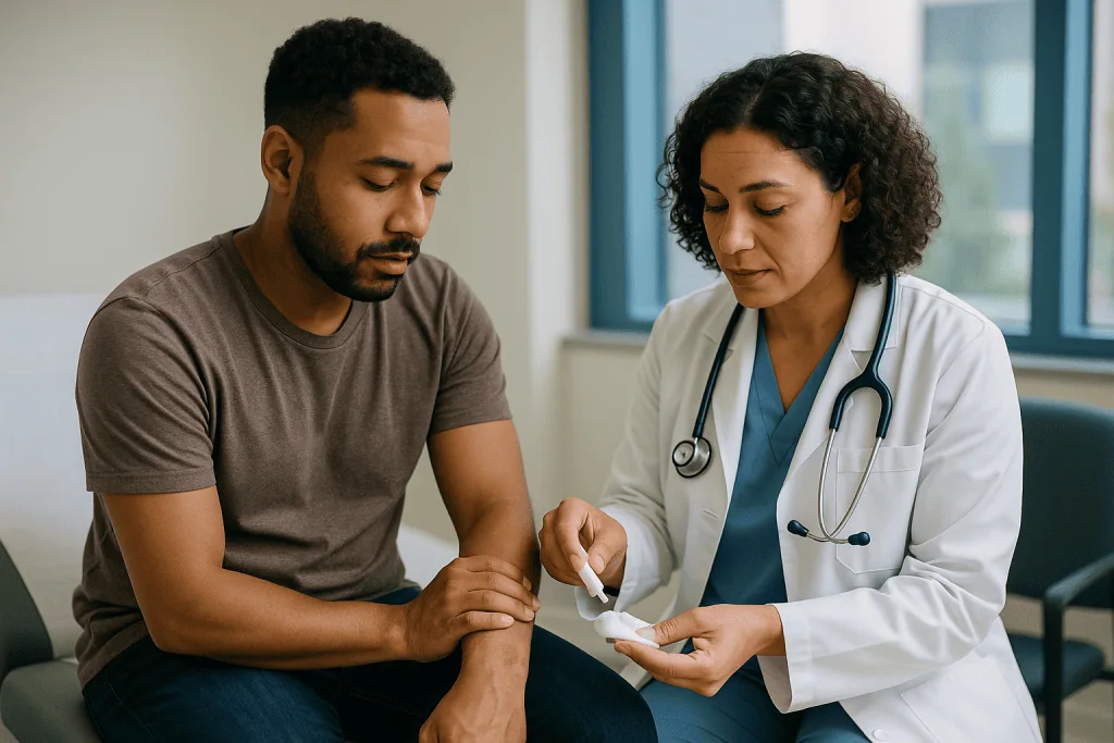 Doctor examining patient's arm in clinical setting: How do you treat a tick bite once the tick is out?