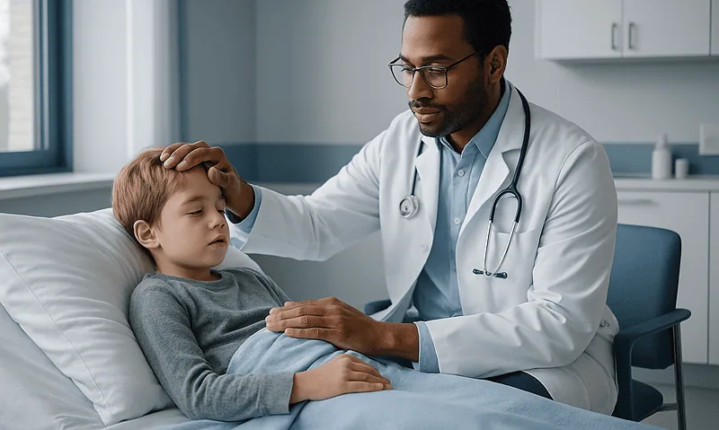 Pediatric doctor examining a young patient in a hospital room.