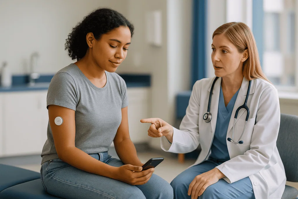 Female doctor consulting patient about continuous glucose monitor: How does a CGM like Stelo actually measure glucose?