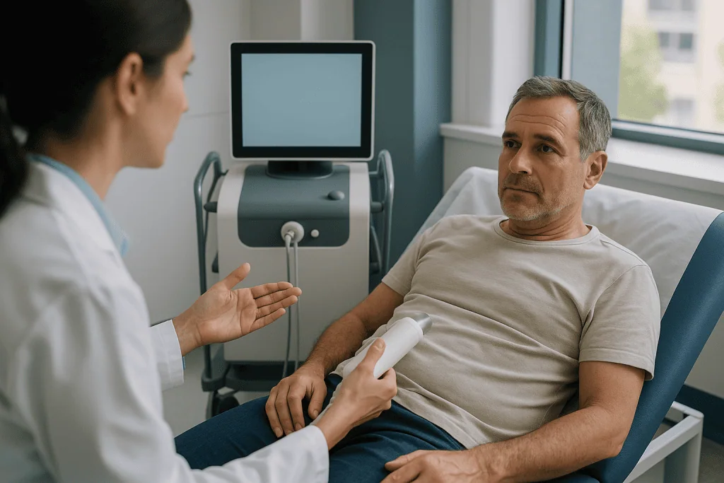 Doctor consulting patient with medical device in background: How does a fibroscan work, step by step?