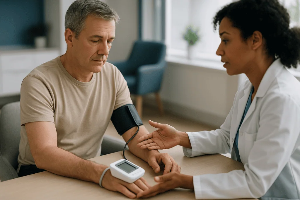 Doctor measuring patient's blood pressure with arm cuff: How does a home blood pressure monitor actually work?