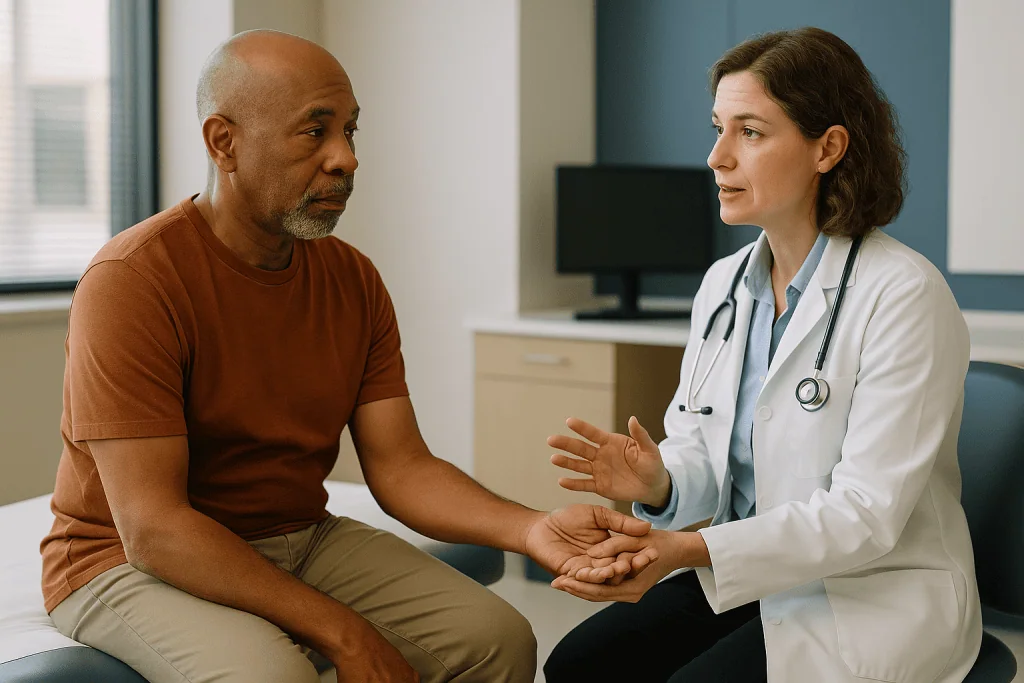 Doctor consulting with male patient in clinical setting: How does a neuropathy workup actually happen, from first visit to r