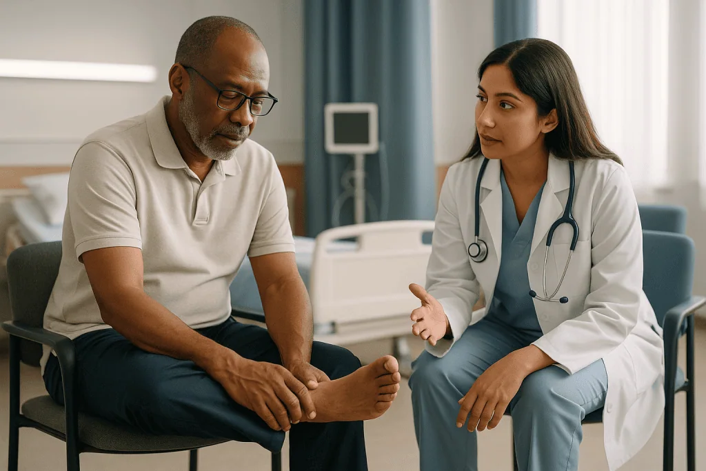 Doctor consulting with middle-aged male patient in clinic: How does diabetes affect foot health in the first place?