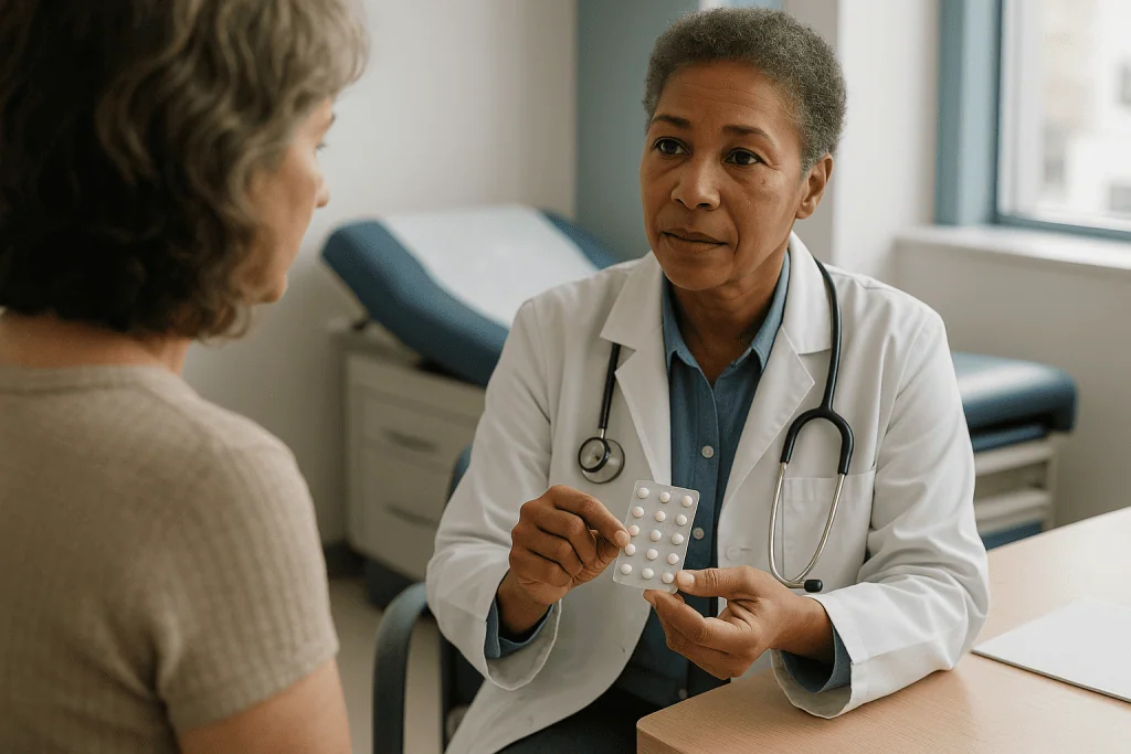 Doctor consulting patient about medication in clinical setting: How does fezolinetant work without hormones?