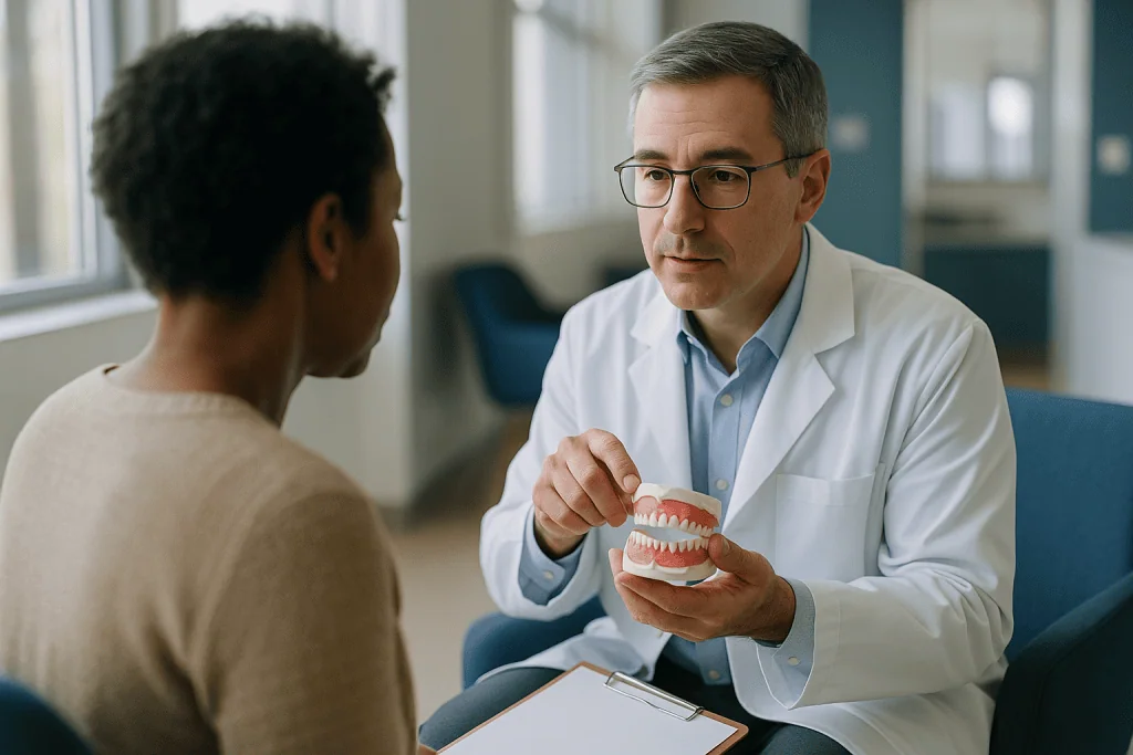 Dentist consulting patient with dental model demonstration: How does full mouth reconstruction actually work, phase by phase
