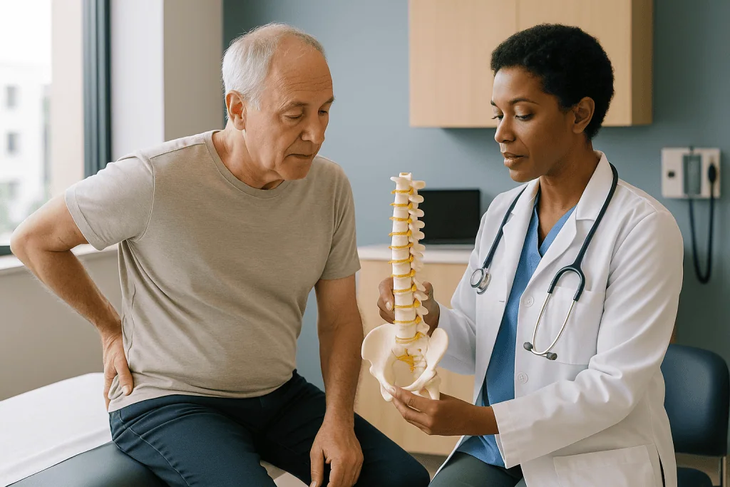 Doctor explains spine model to senior male patient: How does lumbar decompression surgery work, step by step?